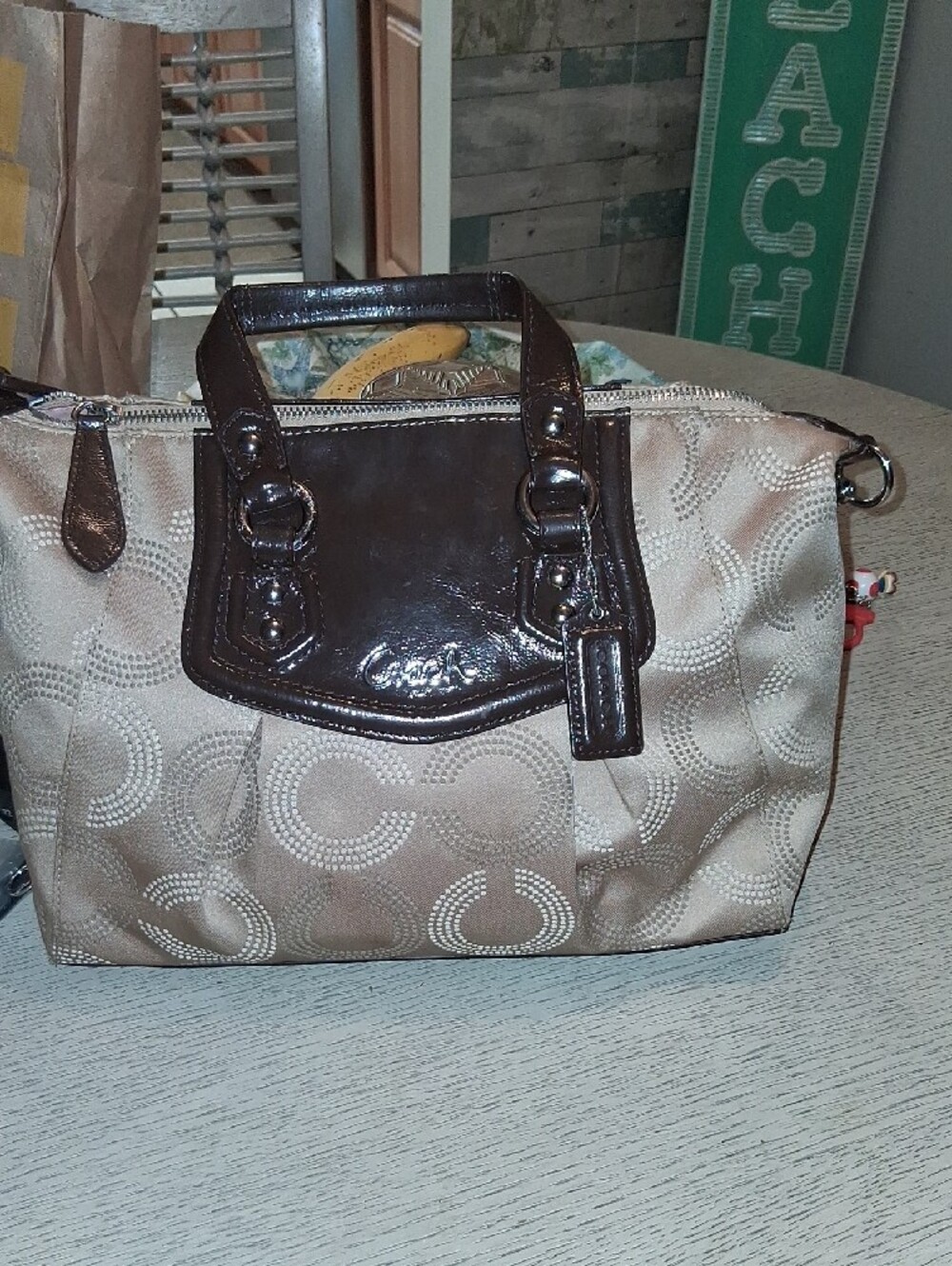 Coach Beige Signature Shoulder Bag with Brown Trim